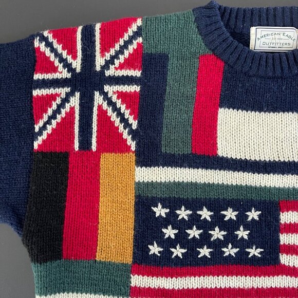 Vintage Y2K American Eagle Men Sweater Size XL 100% Wool Flag Patchwork Preppy - Picture 5 of 15